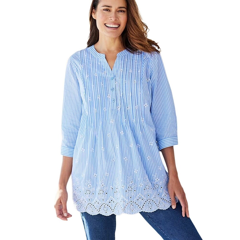 Woman Within Striped Eyelet Lace Tunic Top Women's Large Cottagecore Coastal